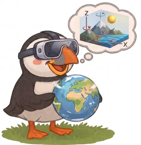 Puffin-World puffin mascot holding a globe